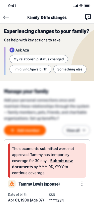 My family page: the same not-approved message with a route to submit new documents